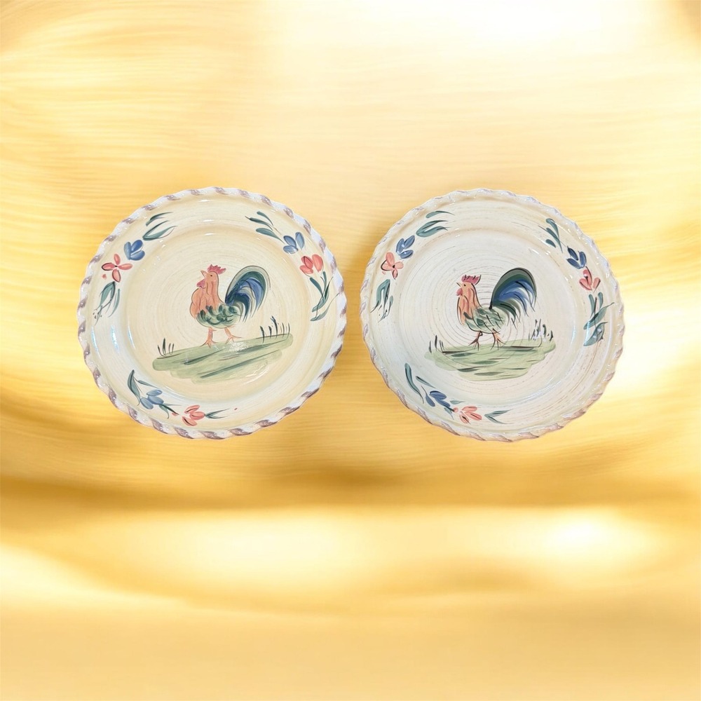 HOME Set of 2 Rooster Ceramic Dinner Plates Scalloped Rope Rim Farmhouse 8.75in